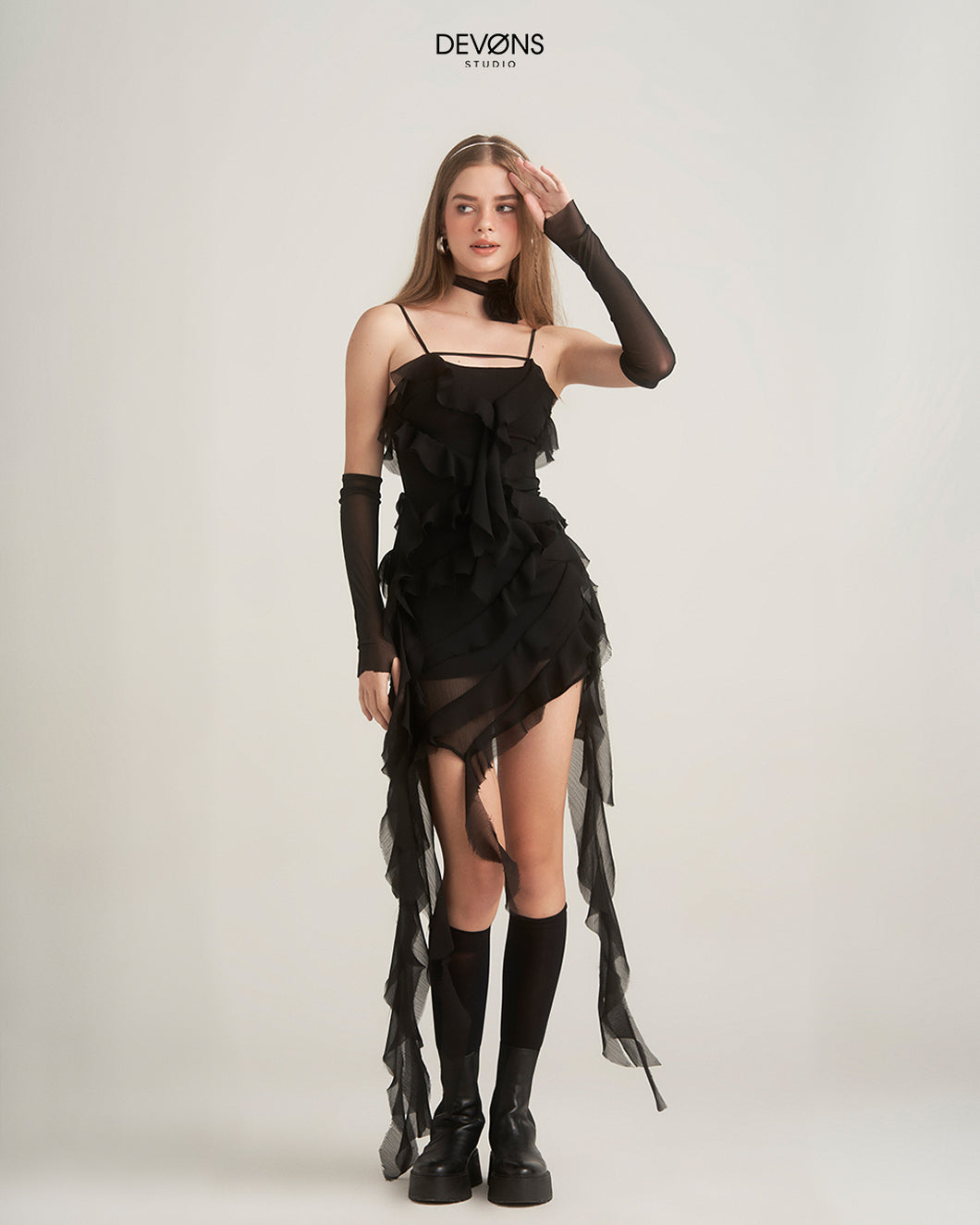 Noir Asymmetrical Ruffle Dress